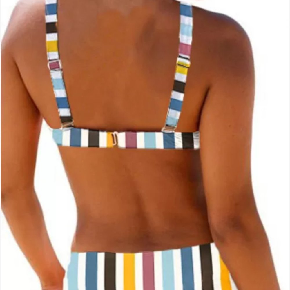 White/Red/Blue/Yellow/Black Multicolored Striped Tie Bust Bikini Top - Picture 5 of 14